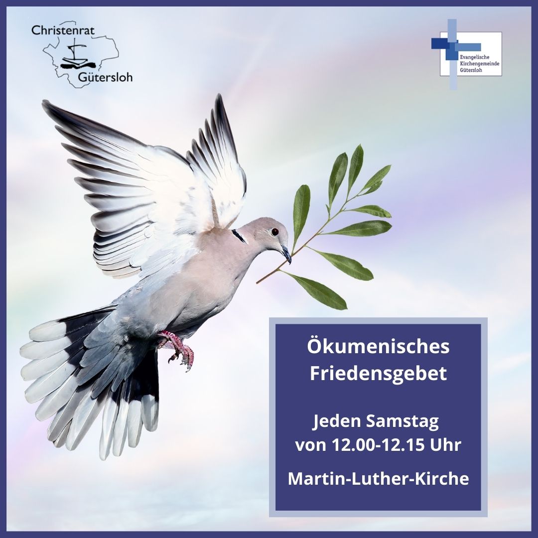 Ankündigung Ökumenisches Friedensgebet in der Martin-Luther-Kirche mit einer Taube, die einen Zweig im Schnabel hält